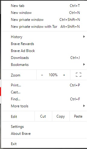 Menu Navegador Brave Blockchain token BAT con funciones de Rewards y Adblock